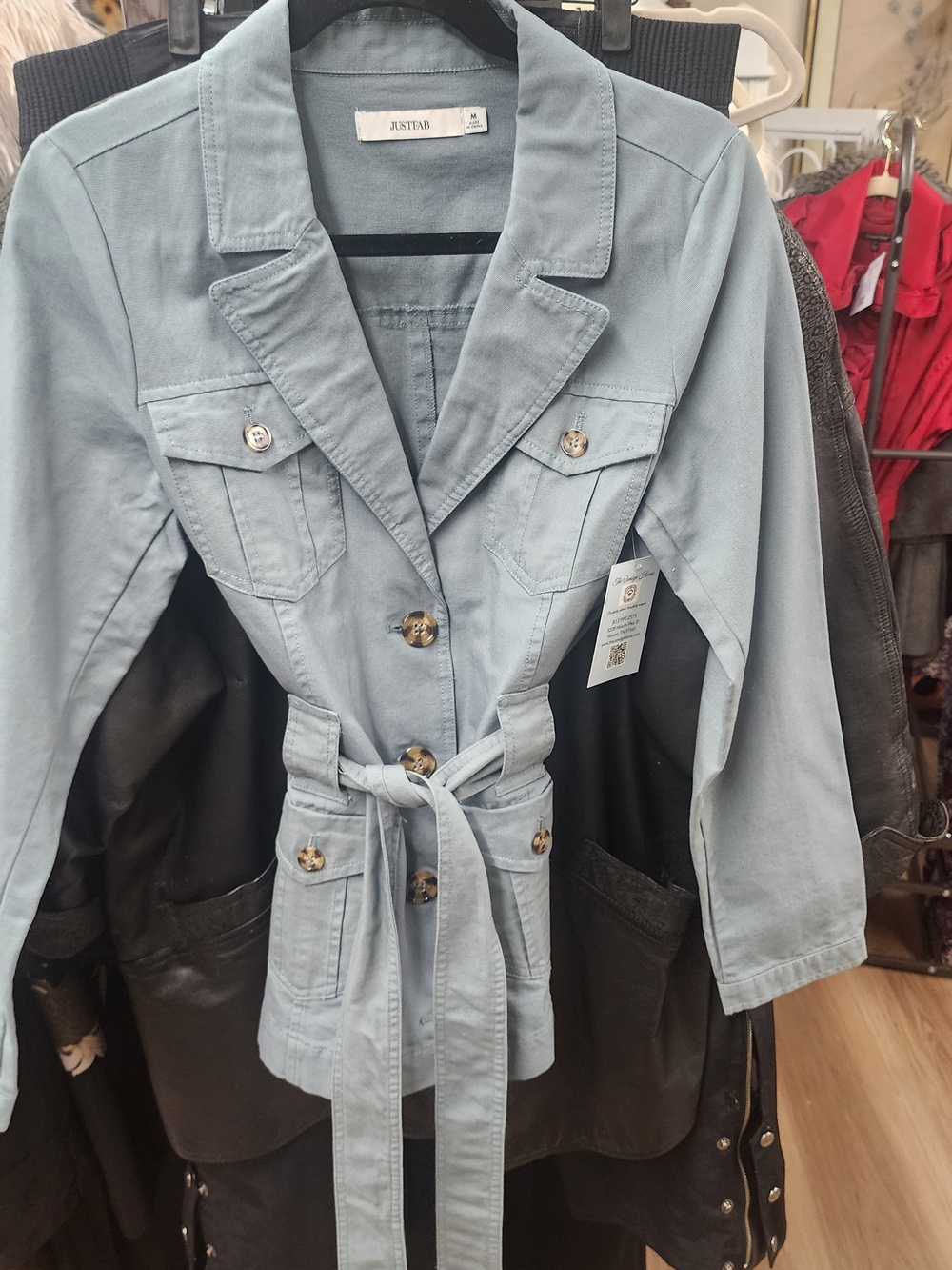 JustFab Light Blue Tie-Belt Utility Blazer
